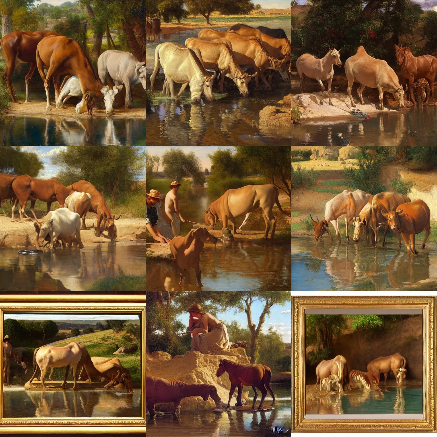 Prompt: painting the watering hole by Edwin Longsden Long and Theodore Ralli and Nasreddine Dinet and Adam Styka, masterful intricate artwork. Oil on canvas, excellent lighting, high detail 8k