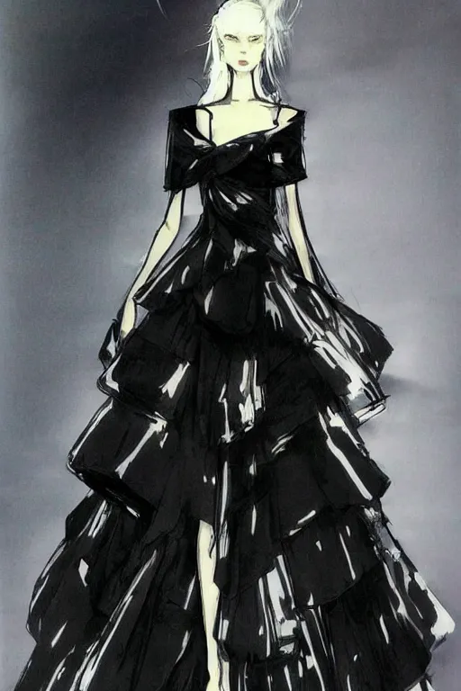 Image similar to dior haute couture dress, concept art, dark colors, high end fashion, style by yoji shinkawa, full body shot