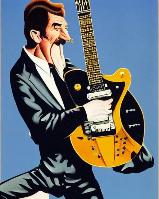 Image similar to Barry Chuckle shredding on a Gibson Flying V, guitar solo, heavy metal artwork by René Magritte