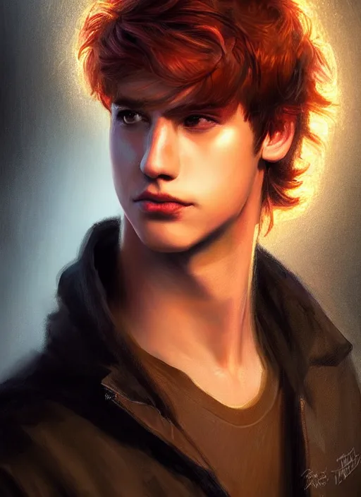 Image similar to portrait of teenage jason blossom, cleft chin, bangs, 1 9 8 0 s, mischievous expression, evil smirk, bangs and wavy hair, bangs, intricate, elegant, glowing lights, highly detailed, digital painting, artstation, concept art, smooth, sharp focus, illustration, art by wlop, mars ravelo and greg rutkowski