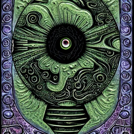 Image similar to a tarot card of an alien face made of water texture, highly detailed symbols as frames of the card