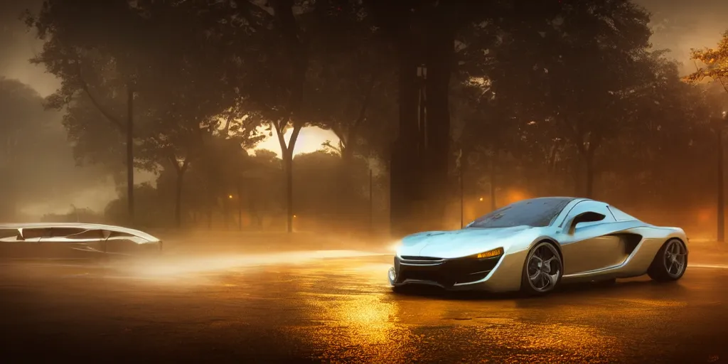 Image similar to parked fantasy slick super car, fog, rain, volumetric lighting, beautiful, golden hour, sharp focus, highly detailed, cgsociety