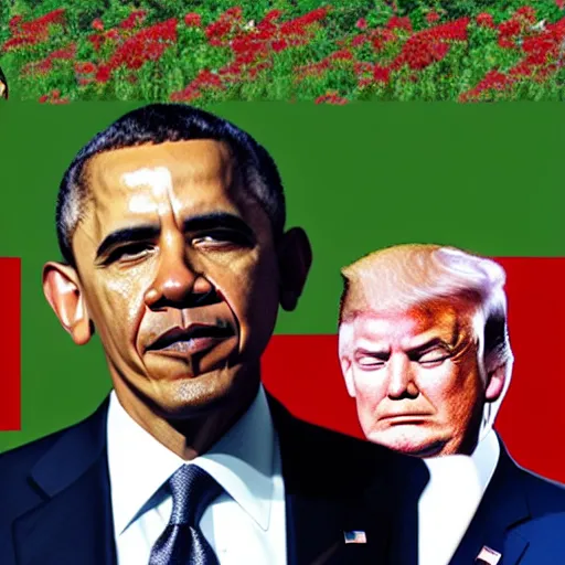 Image similar to obama with an american flag wrapped around his head, trump and putin in greyscale look on forebodingly in the background, red chinese flowers in the background, chinese characters in the foreground