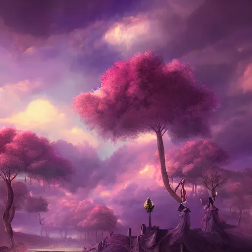 Prompt: landscape of an alice and wonderland themed landscape, purple clouds look the sky, dynamic lighting, fantasy concept art, trending on art station, stunning visuals, creative, cinematic, ultra detailed