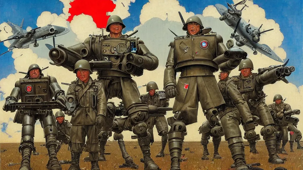 Image similar to America and Japan fight WWII with mechs, in the style of Norman Rockwell, sci-fi illustrations, highly detailed, award-winning, patriotic, american, dark, gritty, oil painting