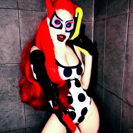 Prompt: lady gaga dressed as harley quinn posing in a bathroom, model shot, Polaroid