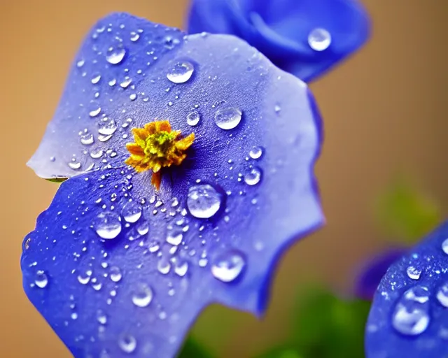 Prompt: a blue flower with water droplets on it, a macro photograph by kume keiichiro, trending on unsplash, photorealism, photo taken with ektachrome, photo taken with provia, shallow depth of field