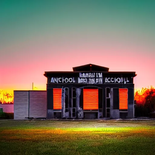 Prompt: an abandonned school at sunset, neon style