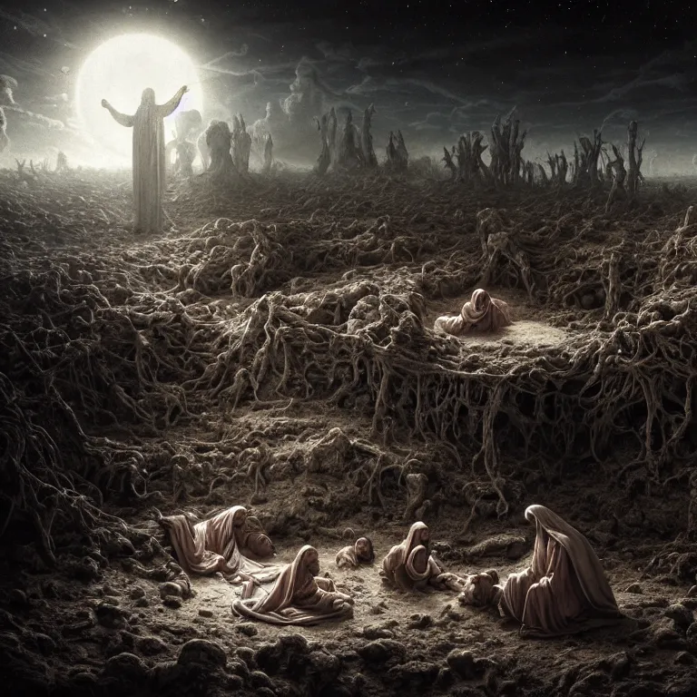 Prompt: ribbed abandoned Nativity of Jesus scene on exoplanet, baroque painting, standing in a desolate empty wasteland, creepy, nightmare, dream-like heavy atmosphere, surreal abandoned buildings, beautiful detailed intricate insanely detailed octane render trending on Artstation, 8K artistic photography, photorealistic, chiaroscuro, Raphael, Caravaggio, Beksinski, Giger