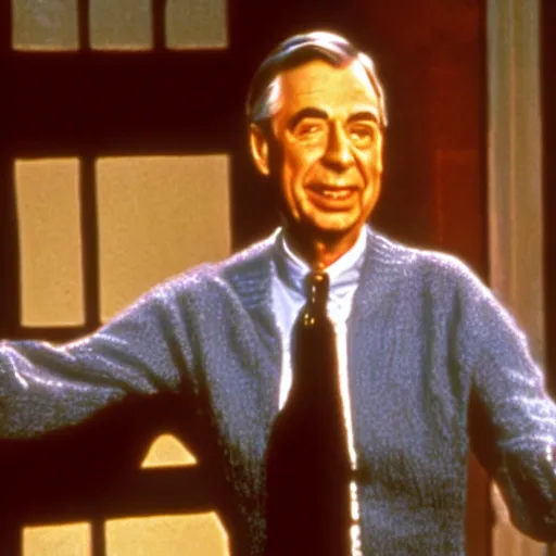 Image similar to film still of mr rogers as neo in the matrix