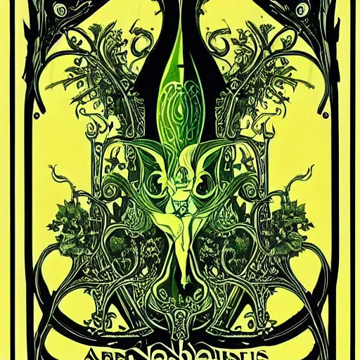 Prompt: absinthe labels, art nouveau, intricate curvy artwork around bold lettering, hinting at beautiful greenish - yellow fairies who would seduce you away to oblivion