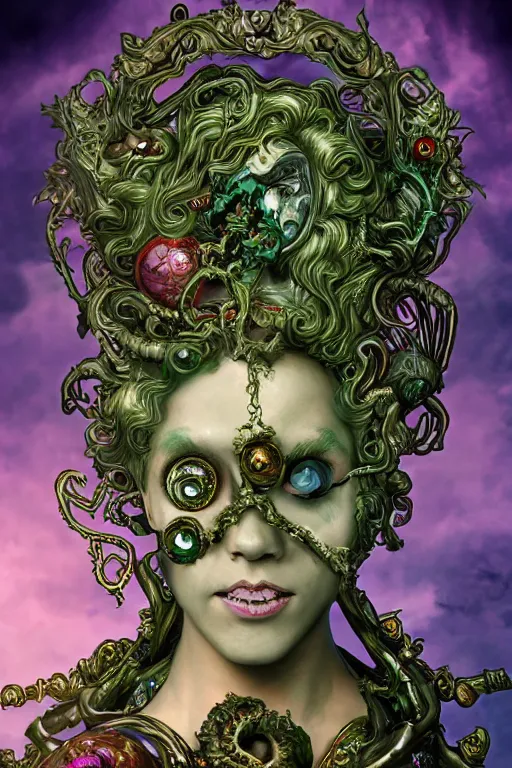 Image similar to rococo upper body portrait sigil with the intent of conquering the world lovecraftian undead zombie queen, green hair, bytian zi and wlop and alphonse mucha biomechanical illuminated text ornaments and gems hdr 8 k 3 d dslr hdr trending on artstation rendered with cryengine
