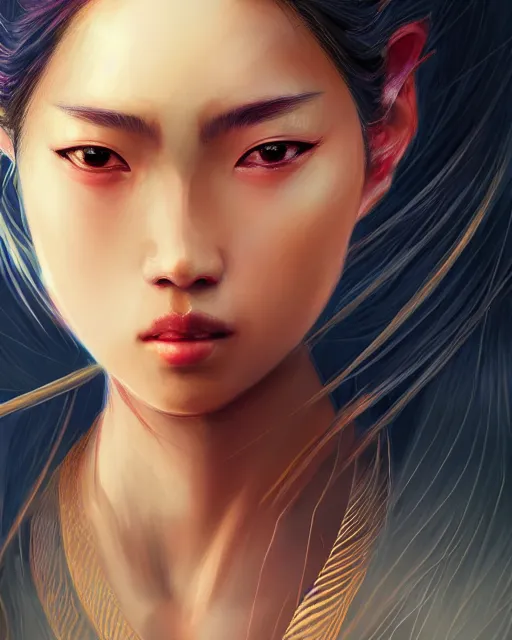 Prompt: front facing portrait of samurai, female, prismatic highlights, anime, atmosphere, super model, brown skin, beautiful, depth of field, cinematic, macro, concept art, 50mm, artstation, digital painting, elegant, epic, focus, 8k, art by Yoshitaka Amano