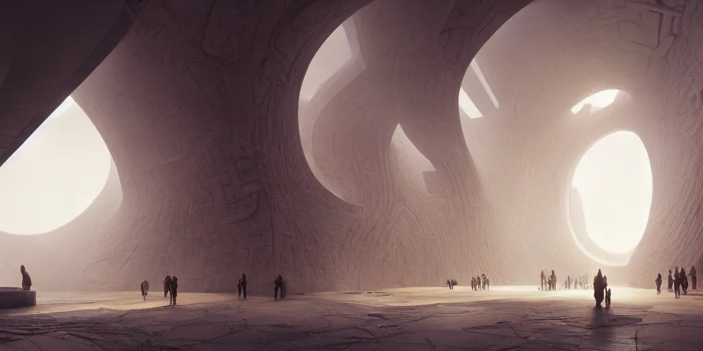 Image similar to the inside of a monument with norse motifs, by tim blandin and arthur haas and bruce pennington and john schoenherr, big windows architecture by zaha hadid, octane render, warm colour scheme, white, cinematic, scenery, cgsociety, modernism, futuristic, trending on artstation, sci - fi, high detail, high quality, close up angle, people walking