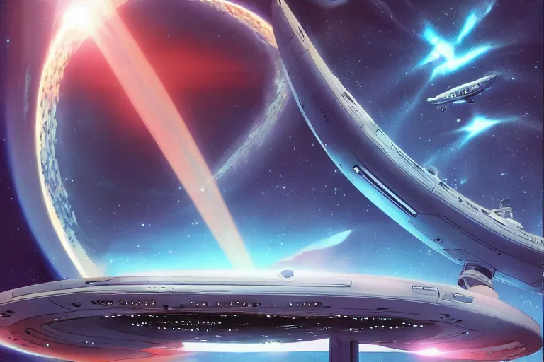 Image similar to Promotional poster for Star Trek the original series, shot on the deck of the Starship Enterprise, by Makoto Shinkai. Anime key visual,