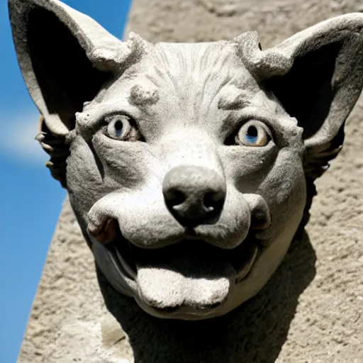 Image similar to gargoyle with the head of a corgi made of stone, uncropped, photography