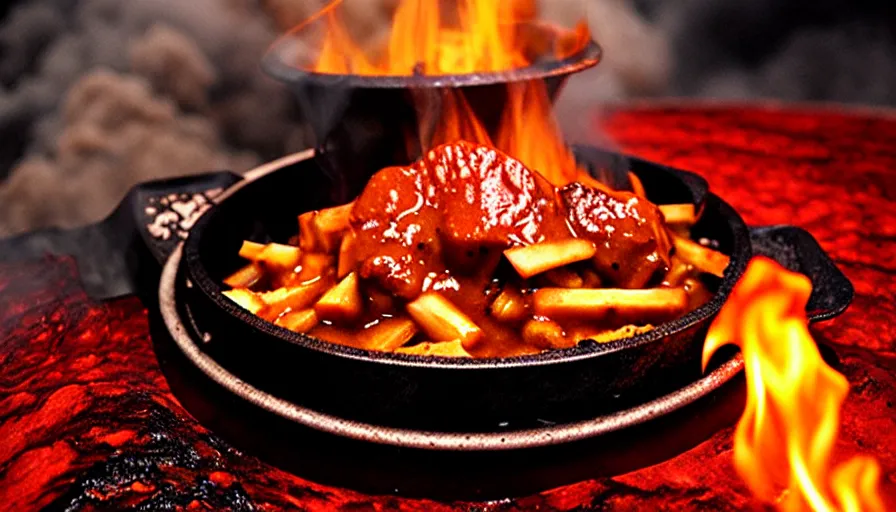 Prompt: poutine from mount doom, lava texture, fire texture, volcano texture, smoke texture, char texture