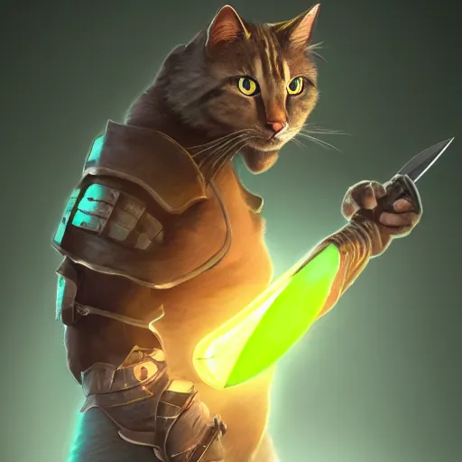 Image similar to character concept portrait, a warrior cat holding a blade, bright glowing, 3 d rendered, 3 d rendering, dramatic lighting, unreal enginedigital painting, concept art, smooth, sharp focus, illustration, 8 k resolution, trending on art station, cinema 4 d, behance hd