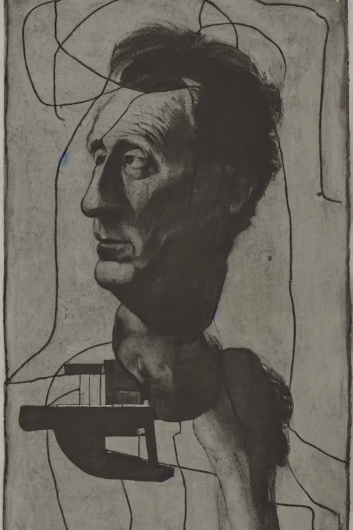 Prompt: a minimalist portrait of Marcel Duchamp connected to an ancient machine in the style of Annie Leibovitz, Irving Penn, Hito Steyerl, Shinya Tsukamoto, Saâdane Afif, Vermeer, David Shrigley, Pieter Hugo line drawing and 35mm film, wide angle, monochrome, futuristic tetsuo