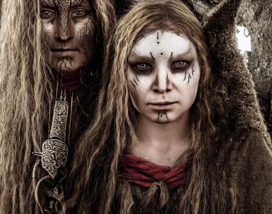 Image similar to a young female viking seer witch in the village. Seer wears traditional viking markings and makeup. Highly detailed. 8k. Fantasy horror.