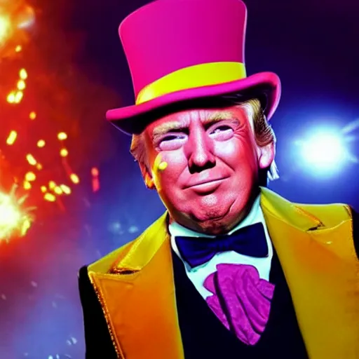 Image similar to donald trump as willy wonka in avengers movie, fantasy, splash art, avengers movie, movie still, detailed face, photorealistic facial features, cinematic lighting, dramatic, octane render, long lens, shallow depth of field, blockbuster, bokeh, hd, anamorphic lens flare, 8 k, hyper detailed, 3 5 mm film grain