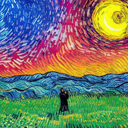 Prompt: A dreaming person sees another far away person above a colourfull van Gogh style field while both person are surrounded by a colourful wind aura around their chests, dream, 40nm lens, shallow depth of field, split lighting, 4k,