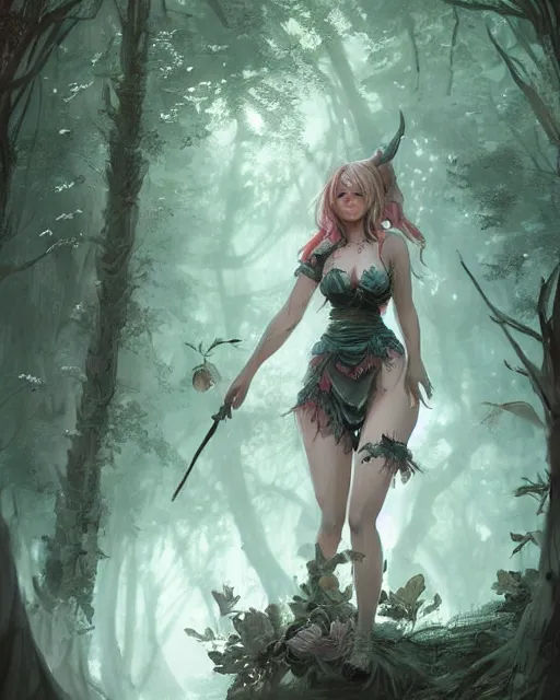 Prompt: A beautiful maid in a magical forest, bikini, beautiful face, very detailed face, fantasy art, in the style of greg rutkowski, illustration, epic, fantasy, intricate, hyper detailed, artstation, concept art, smooth, sharp focus
