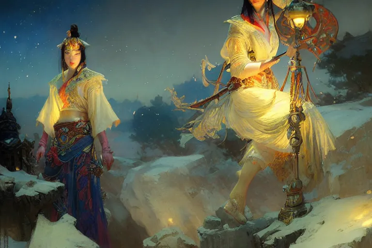 Prompt: netease ibaraki, night, brilliant colors and hard shadows and strong rim light, colorful, night sky, cool white color temperature, painting by gaston bussiere, craig mullins, j. c. leyendecker