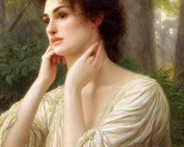 Prompt: portrait en buste of winona ryder kiera knightley in repose by Hughes Merle, by Pierre Auguste Cot, perfect realistic eyes, realistic fabric, abundant detail