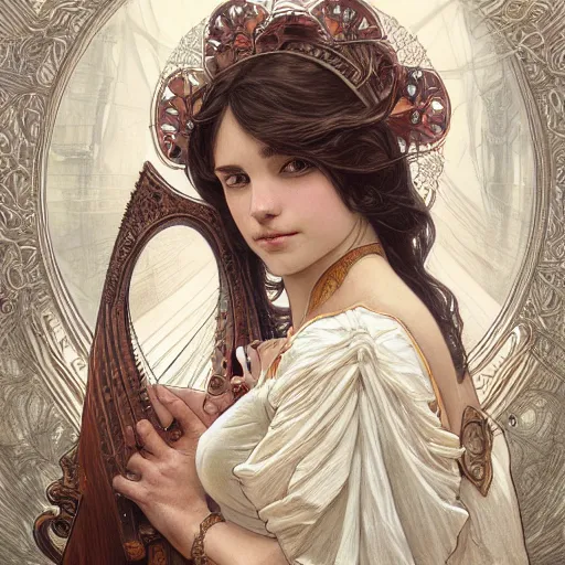 Image similar to a strange harp, d & d, fantasy, intricate, elegant, symmetrical face, highly detailed, digital painting, artstation, concept art, smooth, sharp focus, illustration, art by artgerm and greg rutkowski and alphonse mucha