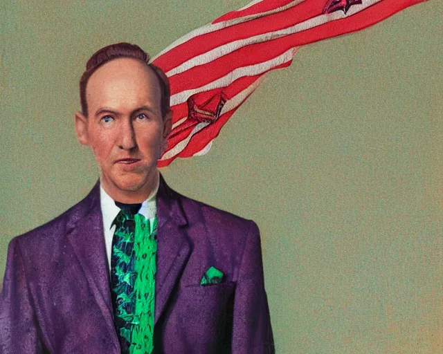 Prompt: incredibly spangly snake oil salesman wearing a purple and green stars and stripes suit, patriotic, painting by Grant Wood, 3D rendering by Beeple