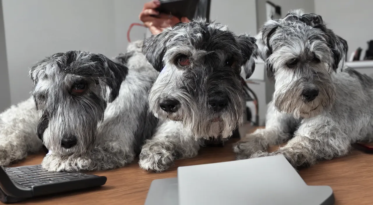 Prompt: My schnauzer sitting at his gaming laptop working on his research paper using Windows 7, photo taken with my Samsung Galaxy S20 portrait mode, shallow depth of field