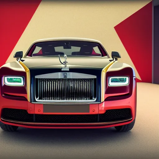 Image similar to 3 d octane render, super detailed, ray tracing, high quality, super realistic, futuristic red black and gold rolls royce. front view. aspect ratio 1 6 : 9