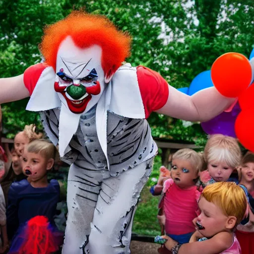 Prompt: evil clown performing at a party with crying children