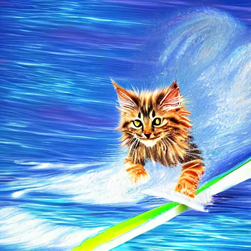 Prompt: Anthromorphic Maine coon kitten is a Water skiing champion, action shot. At south beach FL. 3D render, by Lenoid afremov