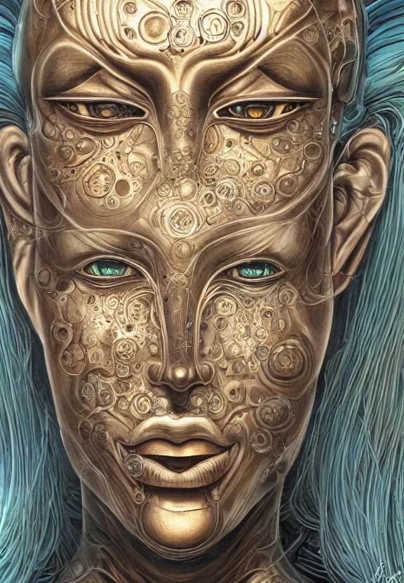 Prompt: perfectly centered portrait, front view of a beautiful biomechanical cyberpunk alien android robot buddha, female, flowing hair, intense stare, sarcastic smile, symmetrical, concept art, intricate detail, volumetric shadows and lighting, realistic oil painting by alex grey and h. r giger,