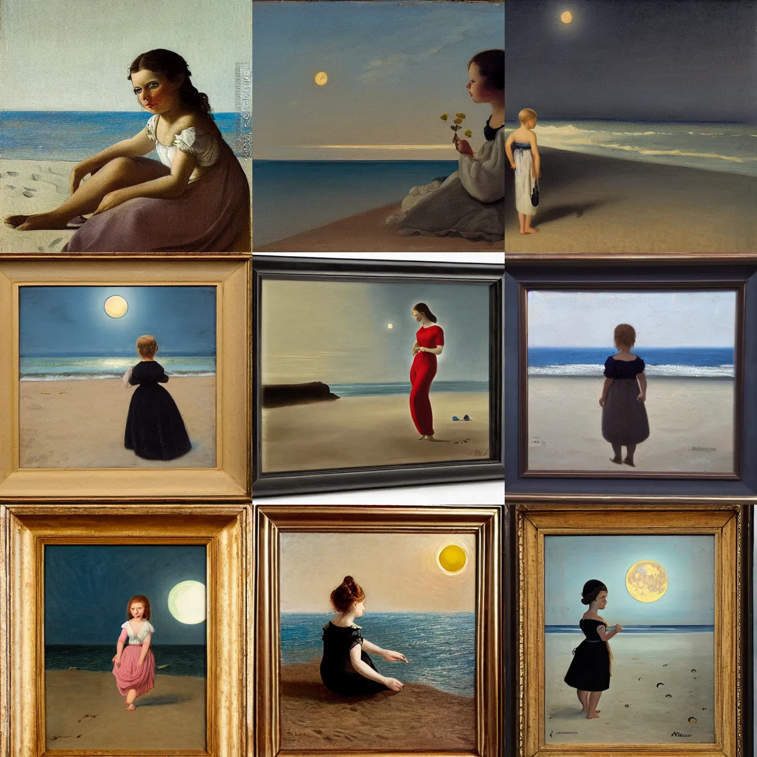 Prompt: girl on the beach, moonlight, biedermeier