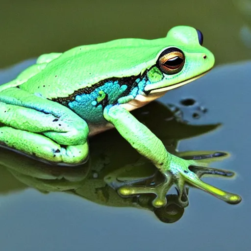 Prompt: expanded blueish green frog vibrations, realistic close up photography, pond frog, tree frog