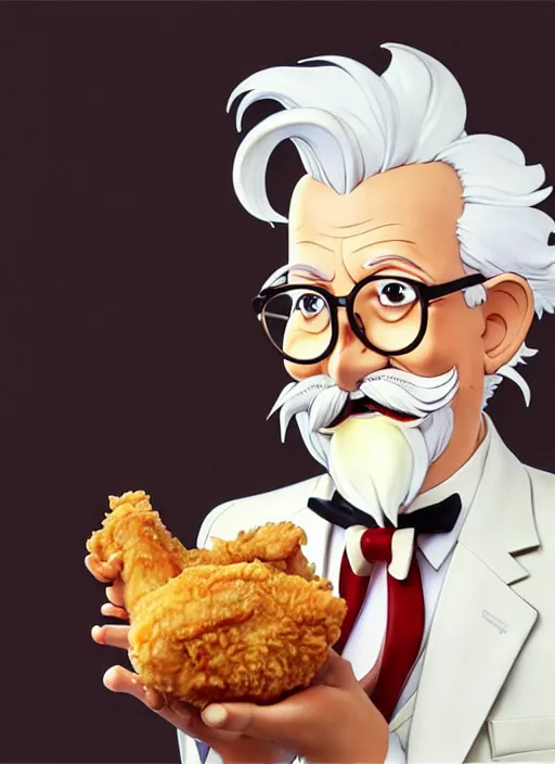 Prompt: cute colonel sanders eating fried chicken, natural lighting, path traced, highly detailed, high quality, digital painting, by don bluth and ross tran and studio ghibli and alphonse mucha, artgerm