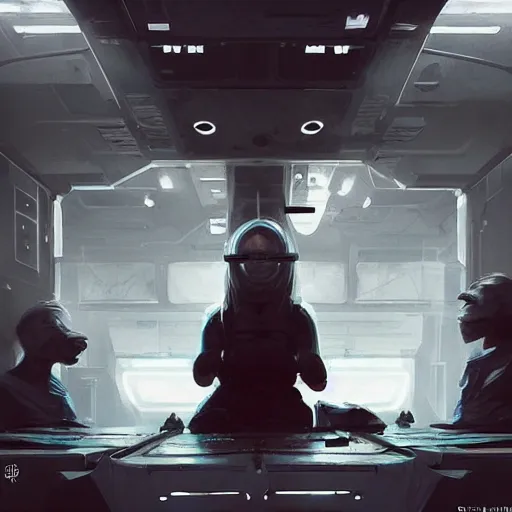 Image similar to concept art by greg rutkowski, a very tall, and slender woman with blond hair, sitting with the crew in the ship's flight deck, brutalist futuristic interior, dark lighting atmosphere, detailed portraits, nostalgic atmosphere, scifi, digital painting, artstation, concept art, smooth, sharp foccus ilustration, artstation hq