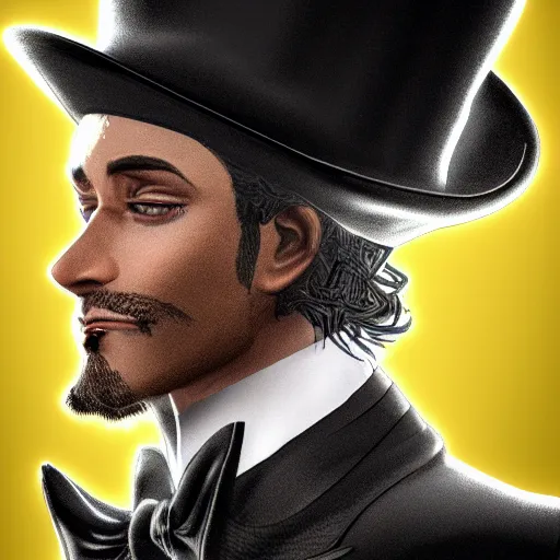 Image similar to a highly detailed portrait of a man in a high top hat covering his face, in a black tailcoat with a yellow waistcoat under the tailcoat, artstation, deviantart, professional, unreal engine 5, photorealistic