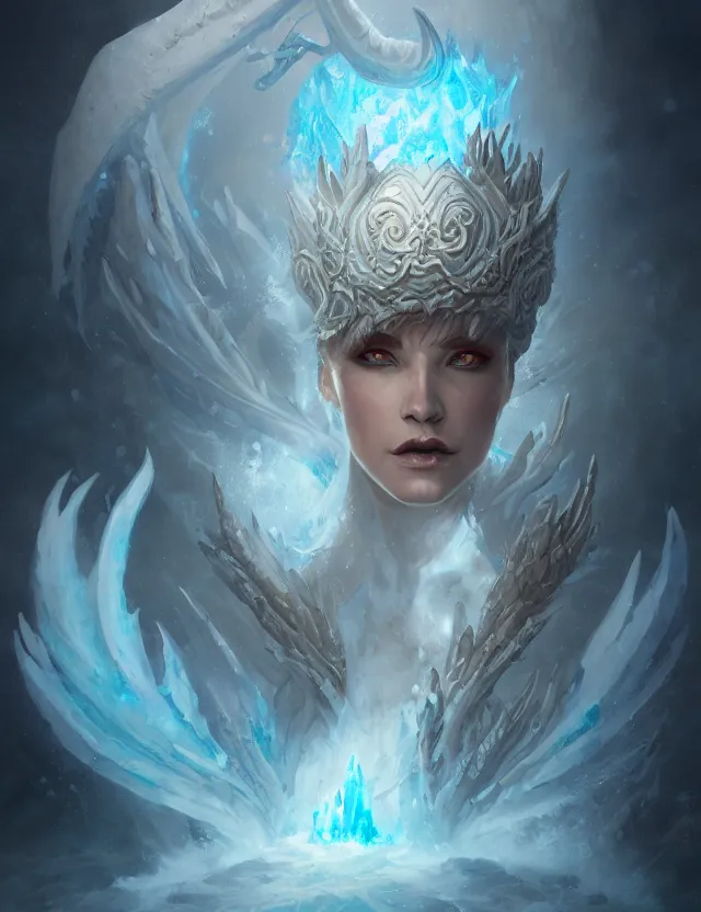 Image similar to portrait of the ice dragon queen, greg rutkowski, greg tacchini, james willard, joe fenton, kete butcher, dynamic lighting, gradient light blue, brown, light cream and white colors, oil aesthetics