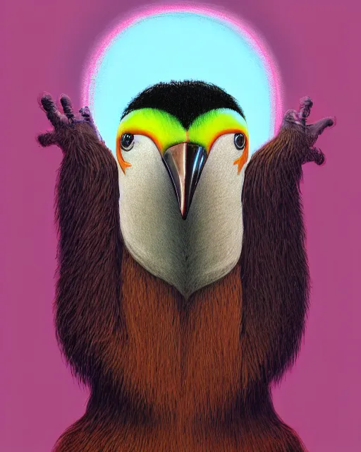 Image similar to realistic surreal painting of a bipedal sloth character, long curly fur, full skull shaped face cover, mage robe based on a toucan, 6 toucan beaks, in the style of zdzislaw beksinski, stylized, video animation, hogwarts legacy, chromatic aberration, super natural, neon glow