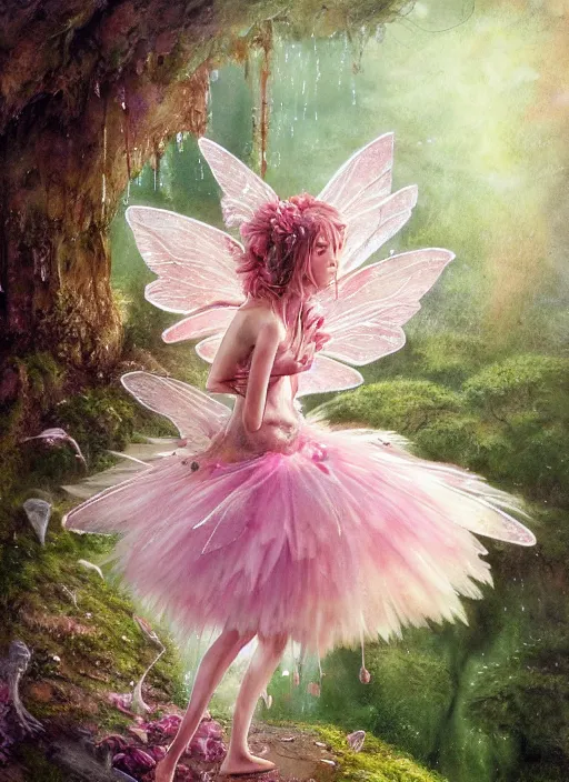 Prompt: A wingless fairy princess with a tattered pink tutu, mushroom umbrella, moss, dewdrops, watercolor, dramatic lighting, cinematic, establishing shot, extremely high detail, foto realistic, cinematic lighting, pen and ink, intricate line drawings, by Yoshitaka Amano, Ruan Jia, Kentaro Miura, Artgerm, post processed, concept art, artstation, matte painting, style by eddie mendoza, raphael lacoste, alex ross,