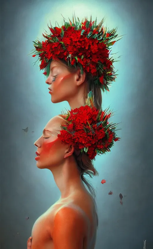 Prompt: a red oil painting hyperrealism of a beautiful woman on a white background, flowers, floral headdress, 8 k resolution, octane render, trending on artstation, by gediminas pranckevicius, volumetric light 2 blue fractal thunder glow by dan mumford, anaglyph effect, laurie lipton