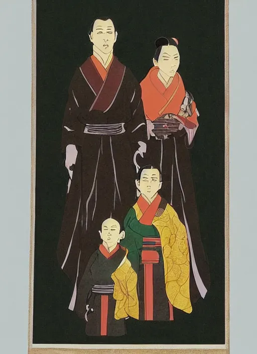 Image similar to family portrait of duke leto atreides lady jessica and prince paul atreides, dune, father mother and son, three figures, detailed, solemn, commanding, powerful, in the style of yamato - e, traditional japanese, tosa school, tosa mitsuoki, tosa mitsunobu, iwasa matabei.