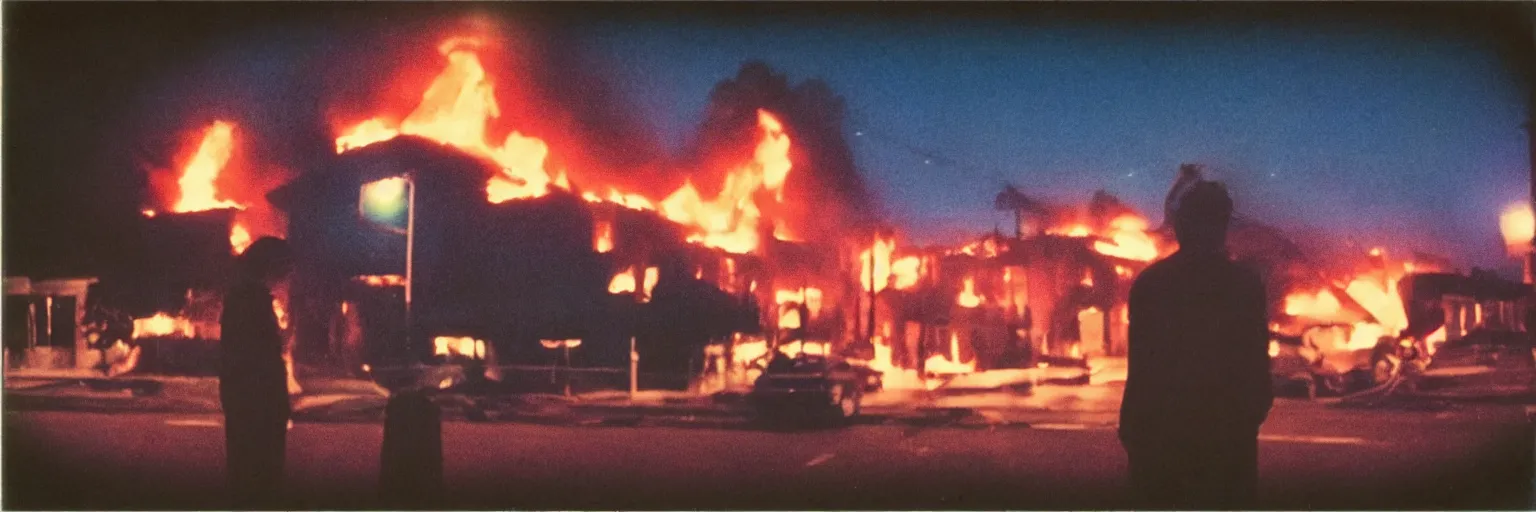 Image similar to 8 0 s polaroid photo, cinema still from david lynch movie, sleazy man watching night streets while a house burns in the background of suburbs, colorful haze, americana, high production value, 8 k resolution, hyperrealistic, hdr, photorealistic, high definition, high details, tehnicolor, award - winning photography, masterpiece, amazing colors