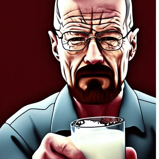 Prompt: a detailed portrait of walter white drinking a glass of milk illustration, incredibly highly detailed and realistic, 8 k, sharp focus