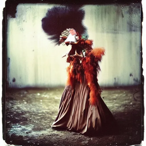 Image similar to kodak portra 4 0 0, wetplate, photo of a surreal artsy dream scene,, girl, weird fashion, grotesque, extravagant dress, carneval, animal, wtf, photographed by paolo roversi style