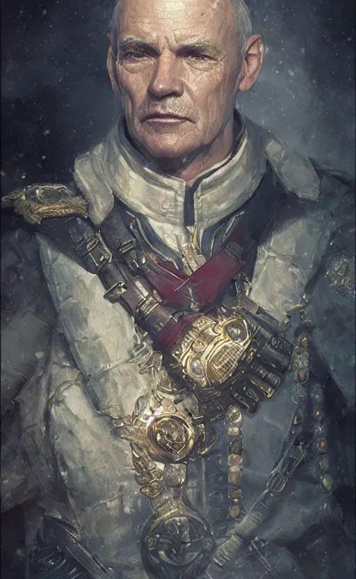 Prompt: Portrait of a middle-aged admiral, male, detailed face, fantasy, highly detailed, cinematic lighting, digital art painting by greg rutkowski